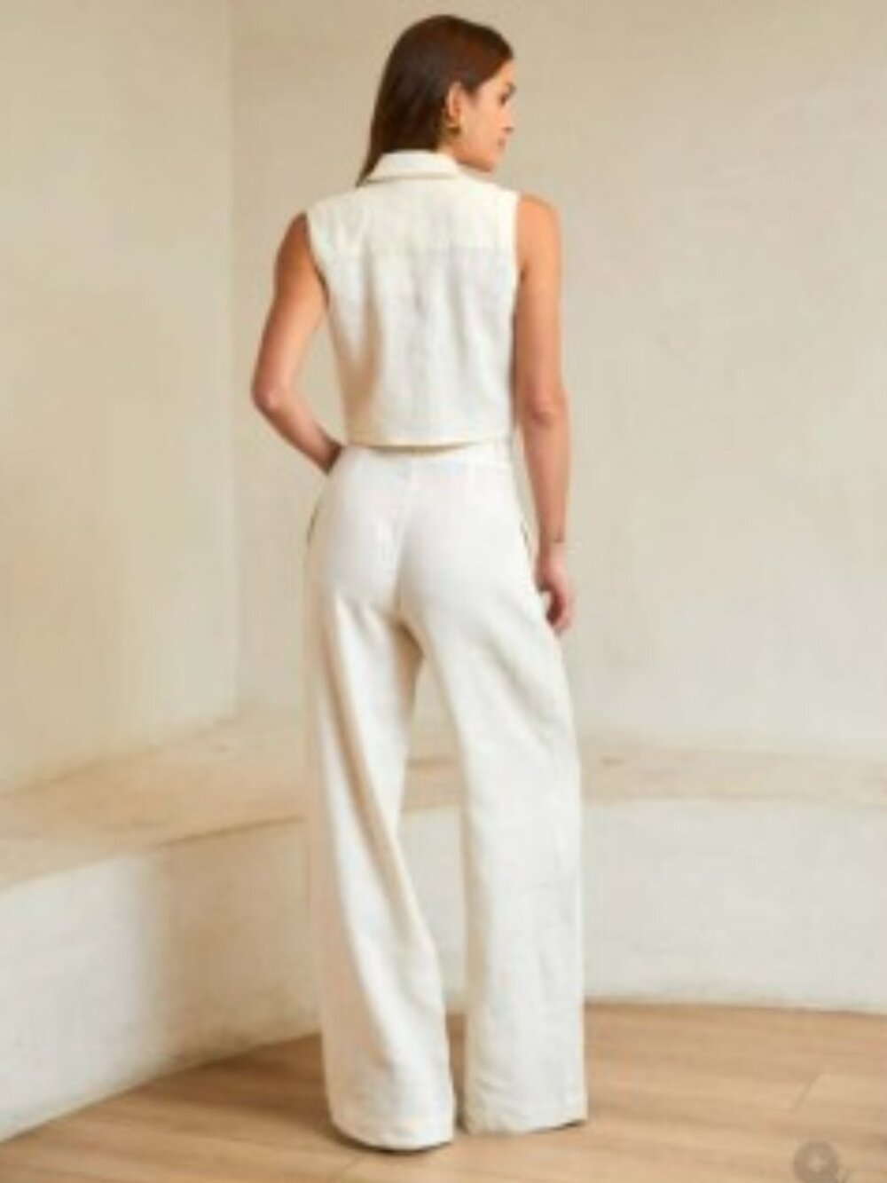 Alina Belted Pleated Linen Wide-Leg Pants | Ivory | Size